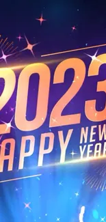 2023 Happy New Year mobile wallpaper with glowing text and fireworks design.