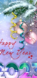 Colorful New Year 2023 wallpaper with festive decorations and snow.