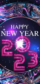 Happy New Year 2023 vibrant wallpaper with colorful lights.