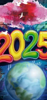 Colorful 2025 New Year design with globe and vibrant colors.