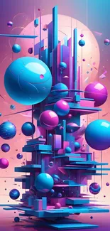 Vibrant 3D abstract wallpaper with blue and pink spheres and geometric shapes.