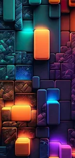 Vibrant 3D abstract wallpaper with colorful neon blocks and a purple dominant hue.