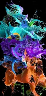 Vibrant 3D abstract wallpaper with colorful splashes on a black background.