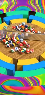Vibrant 3D abstract wallpaper with colorful balls and geometric patterns.