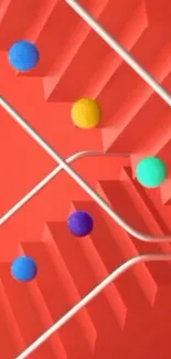 Colorful 3D balls on a red geometric background.