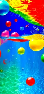 Vibrant 3D bubble wallpaper with colorful spheres on a blue background.