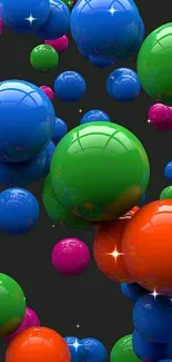 Colorful 3D bubble wallpaper with vibrant spheres on a dark background.