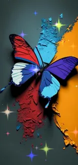 3D butterfly art on vibrant blue and orange wallpaper.