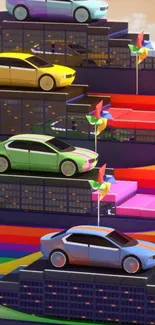 A vibrant 3D display of colorful cars on a tiered platform.