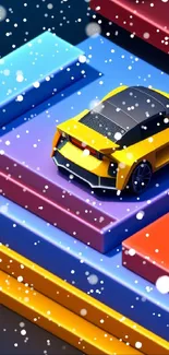 3D mobile wallpaper with a sleek yellow car on colorful geometric platforms.