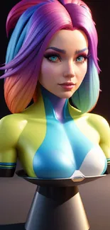 Vibrant 3D character with colorful hair on black background.