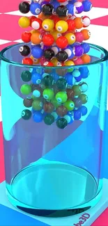 3D colorful balls cascading into a glass in a vibrant digital design.