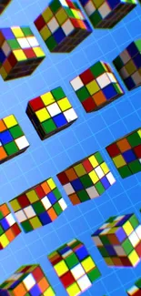 3D colorful cubes on blue grid wallpaper.