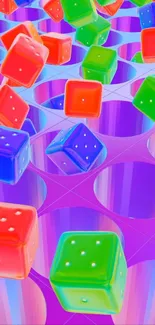 3D colorful cubes on a purple background, dynamic and vibrant.