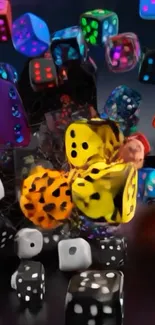 Colorful 3D dice scattered in vibrant motion.