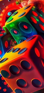 Colorful 3D dice mobile wallpaper with vibrant red-orange hues.