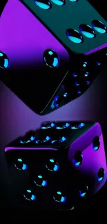 Neon purple and blue 3D dice on black background.