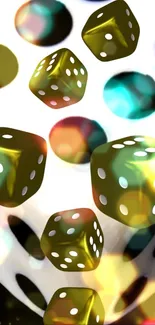 Mobile wallpaper with 3D dice and vibrant colors.