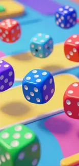 Colorful 3D dice floating on a vibrant background.
