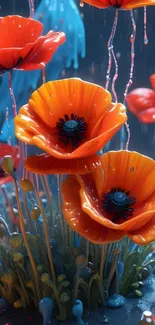 Vibrant poppies blooming in a rainy scene.