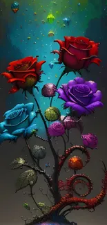 Vibrant 3D floral wallpaper with colorful roses and an abstract cosmic background.