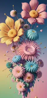 Colorful fantasy floral wallpaper with vibrant blossoms in pastel tones.