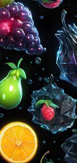 3D vibrant glossy fruit wallpaper on dark background.