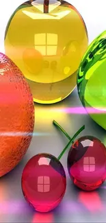 Vibrant 3D fruit wallpaper with glass apples and cherries.