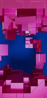 Vibrant 3D geometric pink blocks on blue background.