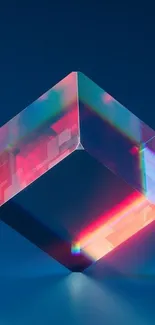 3D neon geometric cube artwork with dark blue background.