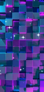 Vibrant 3D geometric wallpaper with blue and purple cubes.