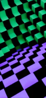 Vibrant 3D green and purple geometric blocks pattern wallpaper.