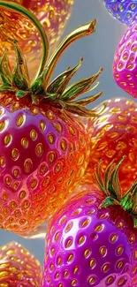 Vibrant 3D glass strawberries with colorful abstract design.