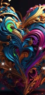 Vibrant 3D heart art with colorful swirls and intricate patterns.