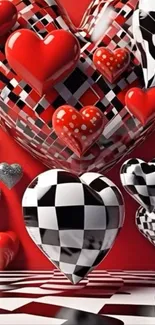3D red and black heart pattern wallpaper with checkerboard design.