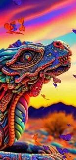 A vibrant 3D iguana art in a colorful desert landscape with bright hues.