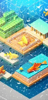 Vibrant 3D island with colorful fish and geometric structures.