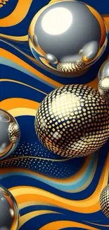 3D metallic spheres with vibrant curves.