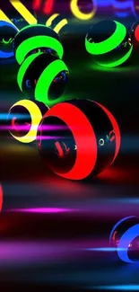 Colorful 3D neon circles on a dark background.