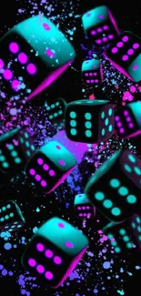 3D neon dice with vibrant splashes on black background.