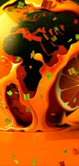 3D orange splash with vibrant artistic elements, perfect for phone wallpaper.