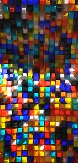 A vibrant, multicolored 3D pixel design wallpaper.