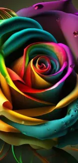 Vibrant 3D rainbow rose on a dark background.