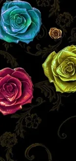 Colorful 3D roses on a dark ornate background, perfect for phone wallpaper.