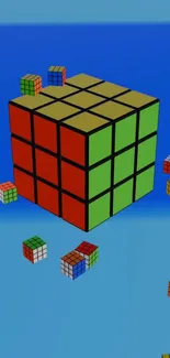 3D Rubik's cube with colorful blocks floating in a blue background.