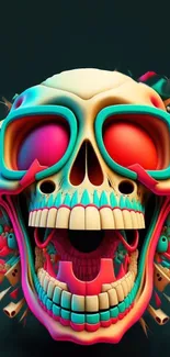 Vibrant and bold 3D skull art mobile wallpaper with colorful design elements.