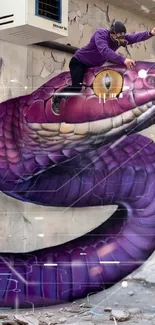 3D graffiti artwork of a purple snake on a wall.