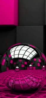 3D sphere with black and pink geometric pattern wallpaper.