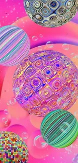 Colorful 3D spheres on a pink abstract background.