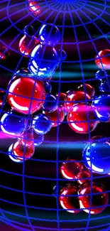 Vibrant 3D spheres in red and blue with a geometric web design.